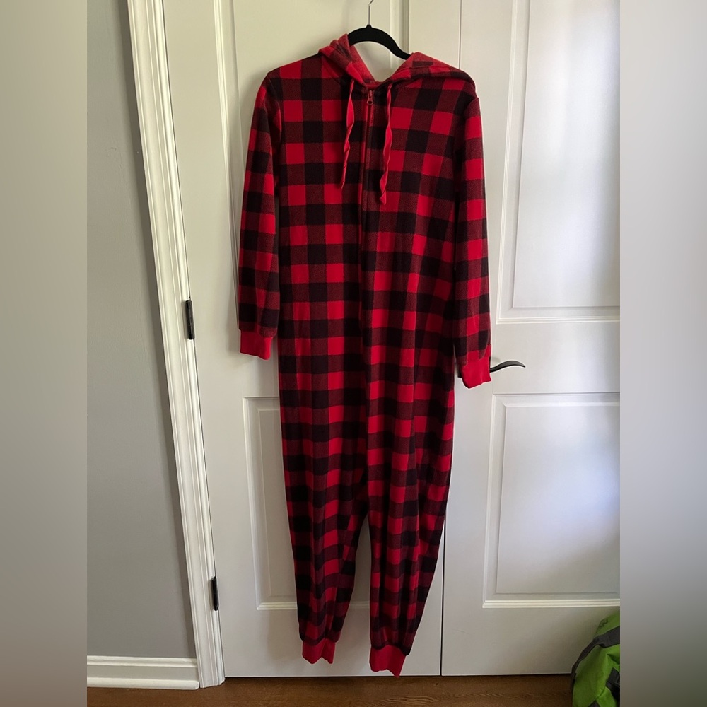 Gap Maternity Buffalo plaid one piece zip up flannel pajamas with hood. Size L